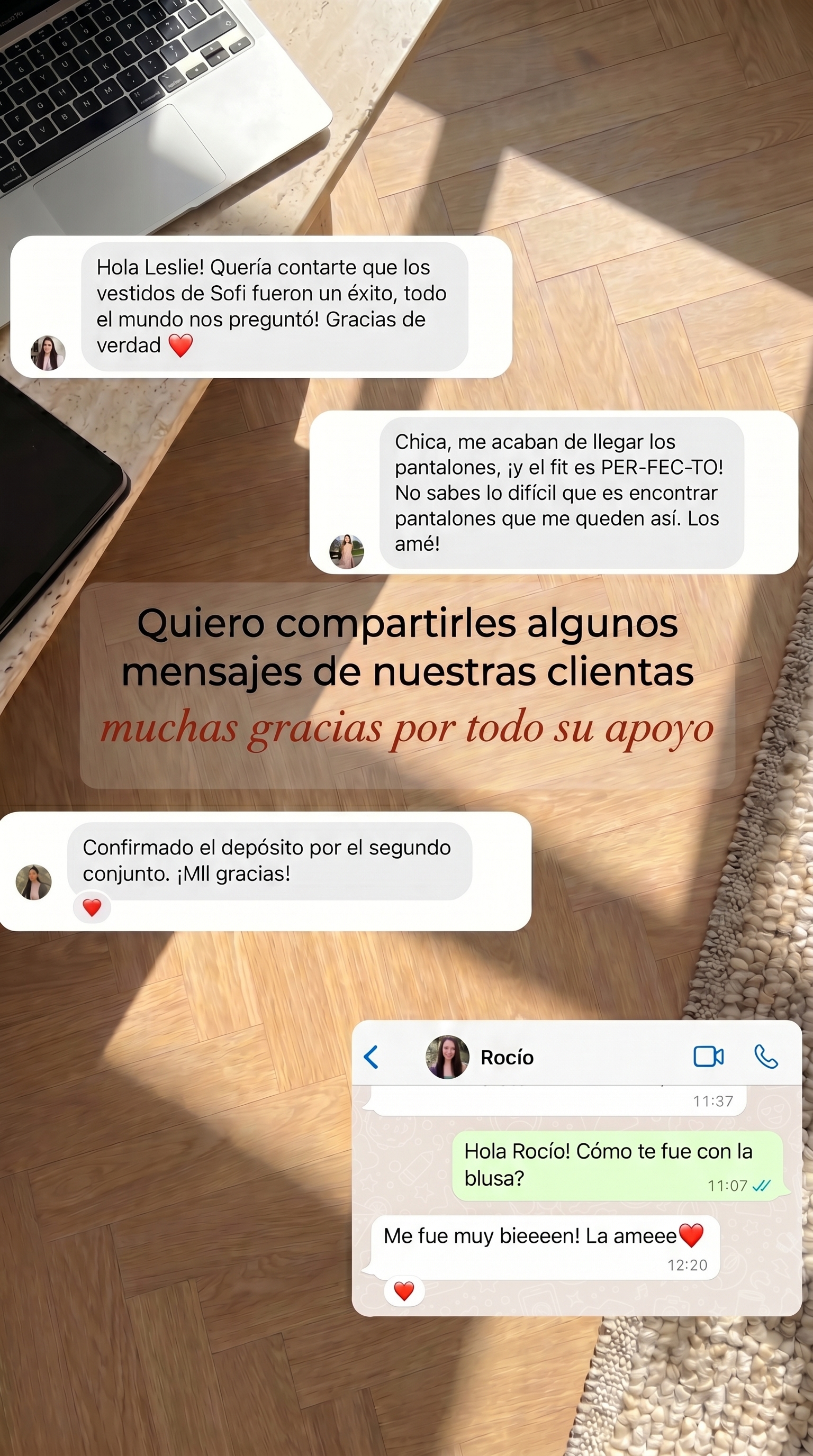 Capturas de WhatsApp de clientas comentando su experiencia con Leslie Serratos.